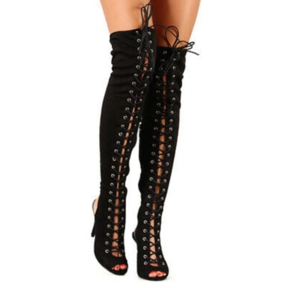 Black Suede Thigh High Lace Up Boots